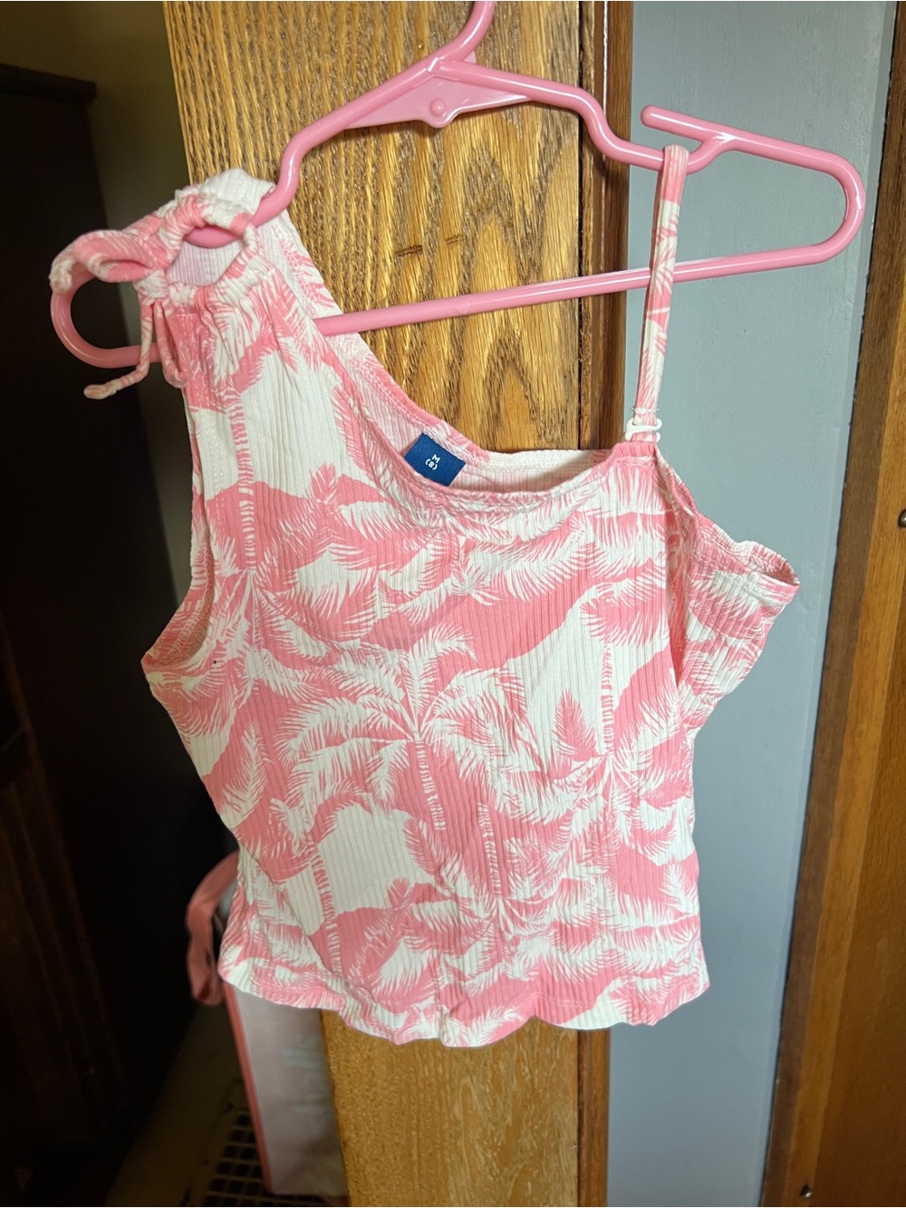 Old Navy Pink and White Palm-Print One-Shoulder Camisole